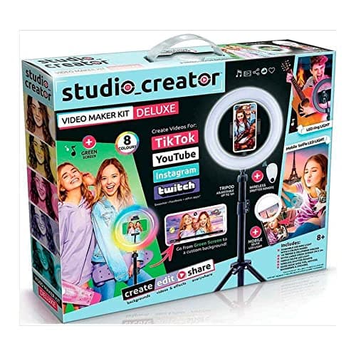 Image of Studio Creator Video Maker Kit Deluxe, Colour LED Ring Light + XL Green Screen, 1m Tripod, Remote, Clip-On Selfie Ring Light + Guide. For Ages 8+