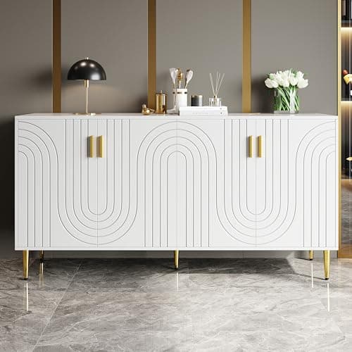 Image of Merax White Sideboard for Living Dining room Sideboard Storage Cabinet with 4 Doors, with unique wave design, golden handles and feet, anti-tip device, 40 x 152 x 75 cm