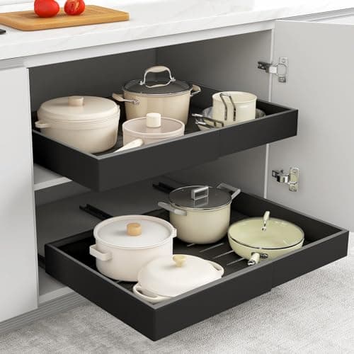 Image of M.J COMFY-LIFE 2 Pack Pull Out Cabinet Organizer - Heavy Duty Slide Out Drawers for Kitchen & Bathroom | Adjustable Width 31.5-52cm | No Drill Installation | 3-Rail System | 34kg Capacity