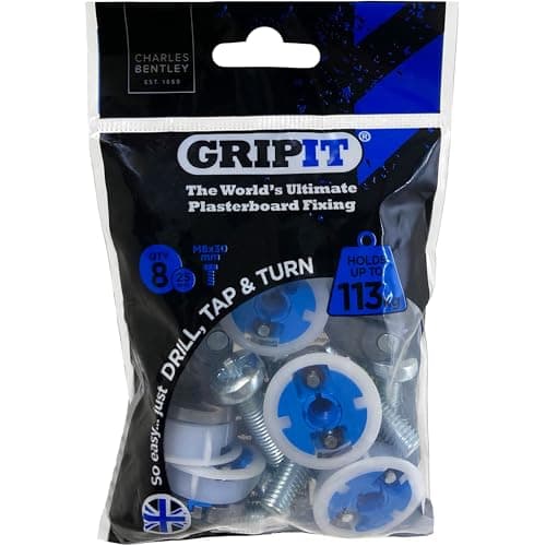 Image of Gripit Blue Heavy-Duty Plasterboard Fixings - Reusable Drywall Fixings - Pack of 8 - Holds Up to 113kg - Easy to Install Drywall Anchor for TV, Stud Walls, Kitchen Units & Boilers – UK Designed