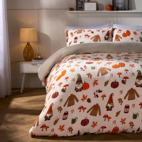 Image of OHS Gonk Bedding Fleece Duvet Cover Double, Super Soft Cosy Winter Warm Autumn Pumpkin Gonk Print Fleece Bedding Sherpa Reversible Double Duvet Set with Matching Pillowcases, Rust