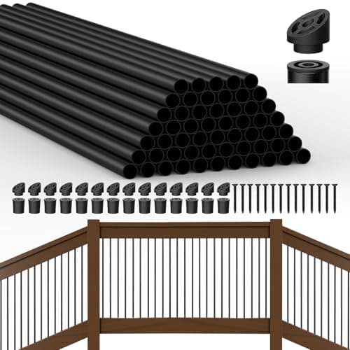Image of Aluminum Deck Balusters with Anti-UV Black Baluster Connectors, 3/4" Black Aluminum Deck Spindles, Hollow Round Aluminum Balusters for Deck Porch Railing, Metal Deck Balusters (56, 32)