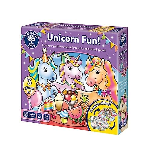 Image of Orchard Toys Unicorn Fun! - 3 in 1 Educational Board Games for 4+ Year Olds - Unicorn Gifts for Girls and Boys - Number and Counting Games for Kids - Age 4-8 Years - 2-4 Players