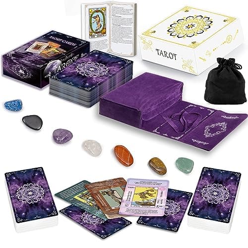 Image of IXIGER Tarot Cards Set with Guide Book, Tarot Deck with Meanings, Learning Fortune Telling Game with Velvet Bag and Chakra Stone