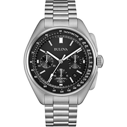Image of Bulova Men's Designer Chronograph Watch Stainless Steel Bracelet - Black Dial Lunar Pilot Wrist Watch 96B258