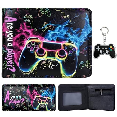 Image of yumcute Gaming Controller PU Leather Wallet for Men Women Teens, Bifold Short Wallet with ID Window, Coin Pocket & Card Holder Slots, Travel Essentials Gift for Gamers with Keychain