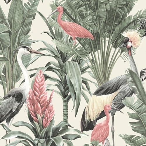 Image of World of Wallpaper Manu Tropical Birds Wallpaper for Living Room/Hallway/Bedroom Feature Wall Paper Cream and Green AF0020