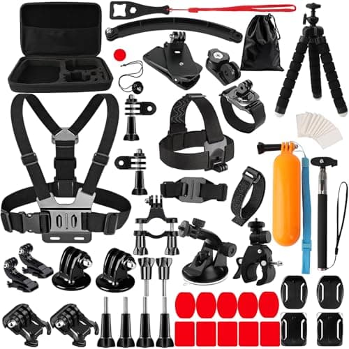 Image of HIMOMO 85-In-1 Action Camera Accessory Kit, Universal go pro accessories set with Chest Strap, action camera mounts, and more for GoPro Hero 9 8 7, SARGO,DJI, Insta and Most Action Cameras