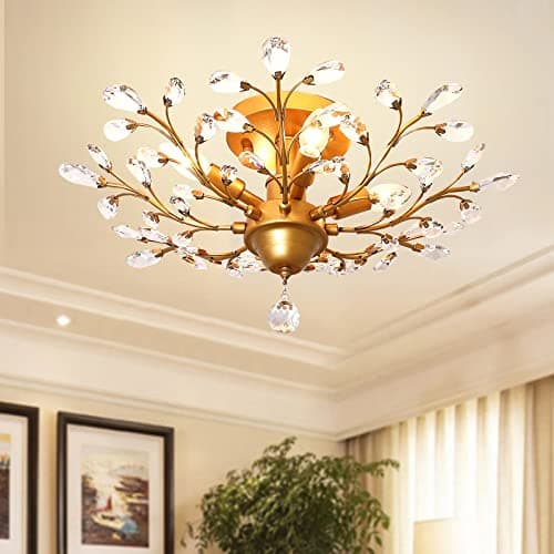 Image of Ganeed Vintage K9 Clear Crystal Chandeliers Ceiling Lighting Pendant Lighting Flush Mounted Fixture for Living Room Dinning Room Restaurant Porch Hallway Gold 4 Lights