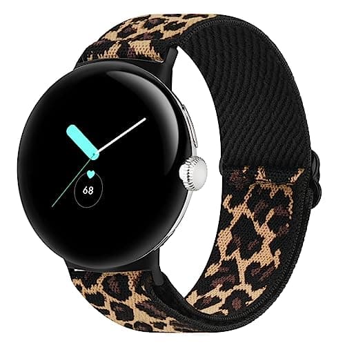 Image of Woven Fabric Straps Compatible with Google Pixel 2 Watch Strap/Google Pixel Watch Strap for Women Men,Flexible Nylon Breathable Lightweight Adjustable Elastic Band for Google Pixel Watch 2(Leopard)