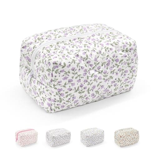 Image of Small Makeup Bag, Cotton Portable Toiletry Bag, Quilted Floral Cosmetic Bag Wash Organizer Pouch for Women Girls Ladies (Purple)