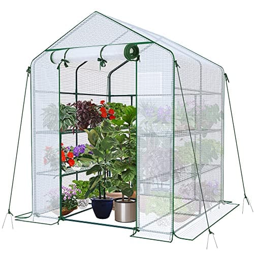 Image of VOUNOT Walk In Greenhouse with Shelves, Roll up Zip Panel Door Garden Plastic Polytunnels Grow House for Outdoor Use, White 143x143x195cm