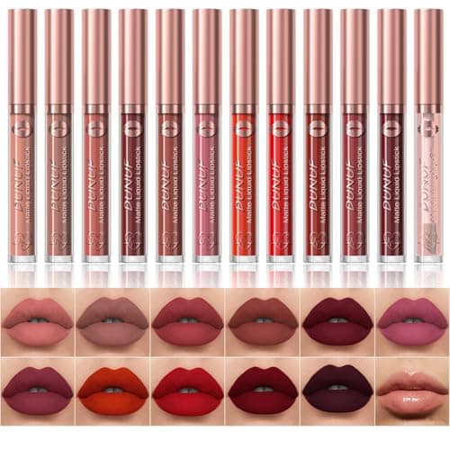 Image of 12 Colors Matte Liquid Lipstick Set Velvety Lip Gloss Lip Kit Waterproof Long Lasting Wear Nude Lip Gloss Beauty Cosmetics Gift Box Set (Colour, # New 04)