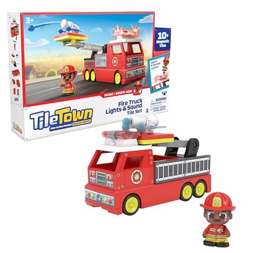 Image of TILE TOWN Firetruck Magnetic Tiles Building Vehicle Playset With Lights & Sounds + Figure, Kids 3-5+, New ACTION TILES for Action Play, Realistic Builds, STEM Creative Toy, Great Gift for Boys & Girls