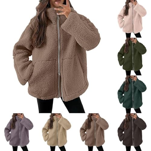 Image of Generisch Teddy Fleece Jacket Women's Fleece Jacket Warm Thick Leisure Two-Way Zip Winter Jacket Plain Teddy Fleece Teddy Jacket with Pockets and Zip Winter Coat, Coffee brown, M