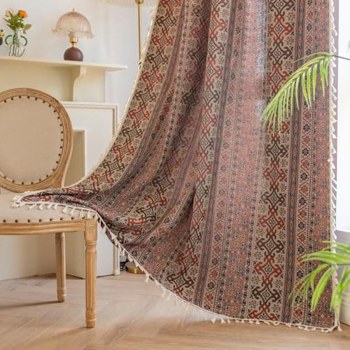 Image of USTIDE Boho Western Curtains 71 Inch Length Geometric Patterned Drapes Bohemian Semi Sheer Rod Pocket Tassel Window Curtain Panels Bedroom Living Room Farmhouse Coffee Brown Vintage Rustic Curtain
