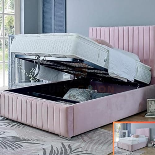 Image of Furnishion Small Double Bed with Storage - Pink Plush Velvet Small Double Ottoman Bed - Mattress not Included - Upholstered Panel Bed