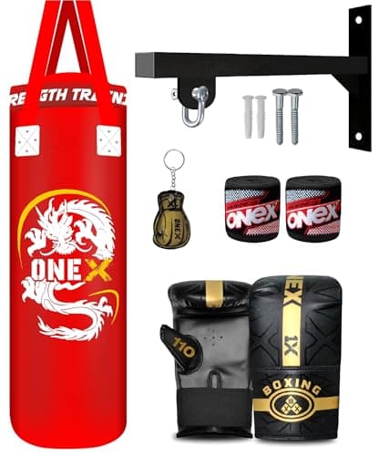 Image of Heavy Punch Bag Boxing Training, Filled 3ft Heavy Duty set, Wall Bracket Punching Gloves, Kickboxing MMA Grappling Muay Thai Karate BJJ, Adult Home Gym Fitness (RED, 3FT)