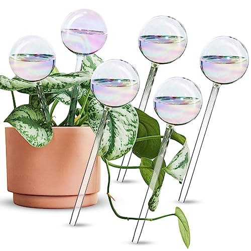 Image of [6 PCS] Light Iridescent Rainbow Gradient Color Clear Glass Self-Watering System Spikes, Automatic Plant Waterer Bulbs, Iridescent 6-pack
