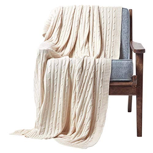 Image of HOMESCAPES Large Natural Cable Knit Throw 150 x 200 cm Combed Cotton Soft and Cosy Blanket Bed and Sofa Throw For Small Sofas and Double Beds