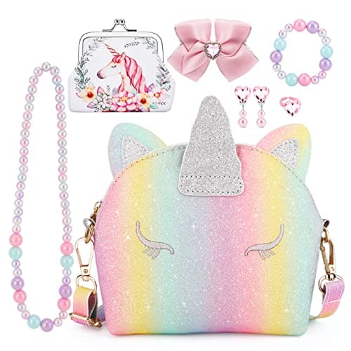 Image of JYPS Unicorn Purse for Little Girls, 7Pcs Cute Kids Purse Crossbody Bags with Kids Dress Up Jewelry Set Pretend Play Accessories, Birthday Presents Unicorn Gifts Toy for Girl, Toddler, Pink (GUP-01)