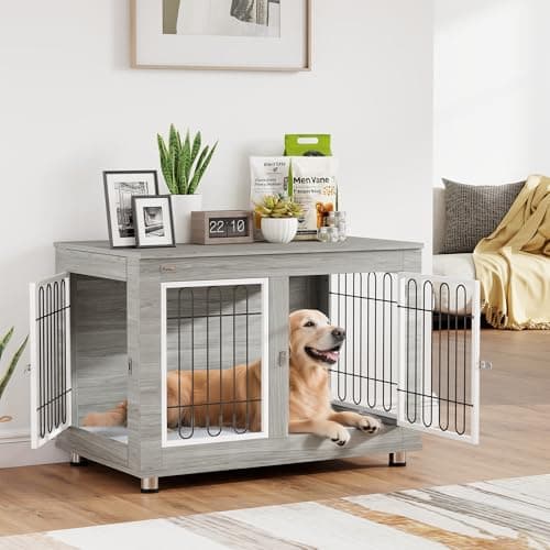 Image of PawHut Dog Crate Furniture, Indoor Dog Kennel Side End Table with Cushion, Double Doors, for Medium and Large Breeds, 90 x 58 x 65 cm, Grey