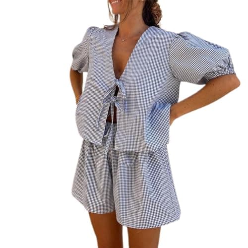 Image of Geagodelia Women's 2 Pieces Outfit Summer Ladies Co Ord Set Peplum Tie Front Blouse Babydoll Top + Shorts Y2k Aesthetic Clothes Lounge Wear Workout (C - Blue Gingham, S)