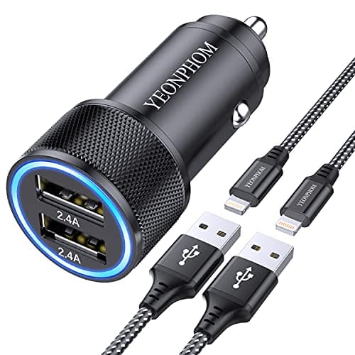 Image of YEONPHOM Car Charger Compatible for iPhone 12 Pro Max/Mini/11 Pro Max/XS Max/XR/X/8/7 Plus/7/6S/6/5S/5C/SE/5,2.4A [All Metal] Dual Fast USB Car Phone Charger Adapter with 2x1M Charging Cable