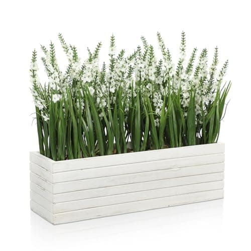 Image of Oairse Artificial Lavender Flower Plants in Rectangular Wooden Planter Box Lifelike Faux Lavender Plant for Home Wedding Kitchen Windowsill Table Shelf Indoor Farmhouse Table Centerpiece Decor