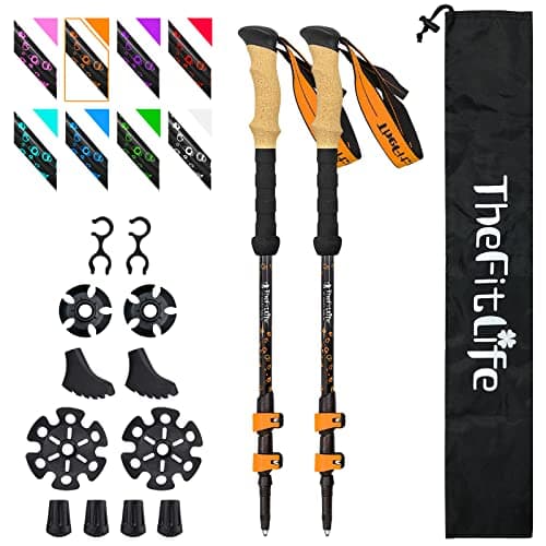 Image of TheFitLife Carbon Fibre Trekking Poles - Collapsible and Telescopic Walking Poles, 2-Pack, Ultra Light, Extendable, Best Walking Sticks for Traveling Camping Hiking Mountaineering (Orange)
