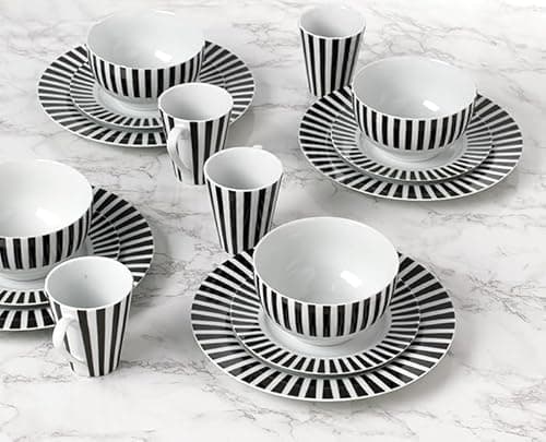 Image of 24pc Stripe Porcelain Dinner Set - Black