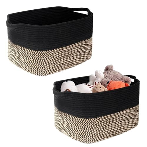 Image of Gzsekken 2 Pack Woven Storage Baskets Rope Storage Baskets Two Tone Cotton Rope Baskets with Handle,Laundry Organiser Nursery Decor Laundry Hamper, Black+Khaki (33x25cm)