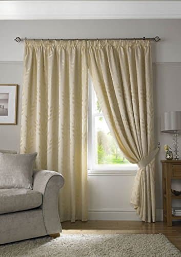 Image of Tivoli, Cream Lined Curtains, Trailing Leave Floral Jacquard Design, Pencil Pleat Curtain Pairs, 66" x 90"