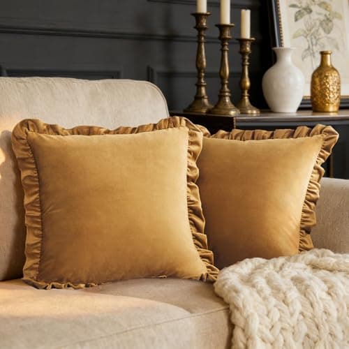 Image of GIGIZAZA Velvet Cushion Covers Pack of 2 45x45 CM Square Dark Gold Pillow Covers with Ruffle Edges Sofa Cushions Living Room Premium Soft Throw Covers Bedroom Decorative Pillowcase