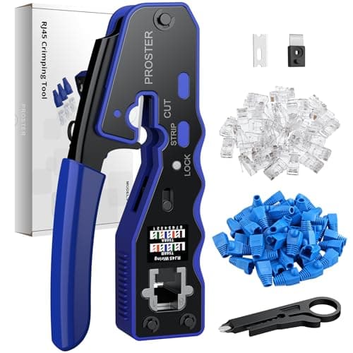 Image of Proster RJ45 Crimp Tool Set - 3-in-1 RJ45 Crimping Tool Kit with 50 PCS CAT6 Pass Through Connectors 50 PCS RJ45 Cat6 Protection Covers RJ45 Pass Through Crimp Tool
