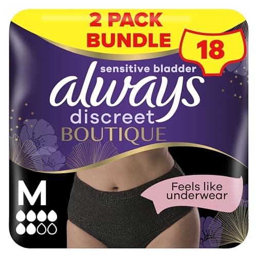 Image of Always Discreet Boutique Incontinence Pants Women, Medium Size, Black, 18 High Absorbency Plus Pants (9 x 2 Packs), Odour Neutraliser, Softness and Protection, For Sensitive Bladder