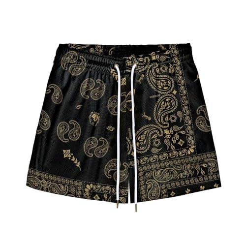 Image of BOOMLEMON Mens Paisley Shorts Mesh Graphic Print Retro Casual Shorts Athletic Gym Basketball Running Short Pants, Black Gold, Large