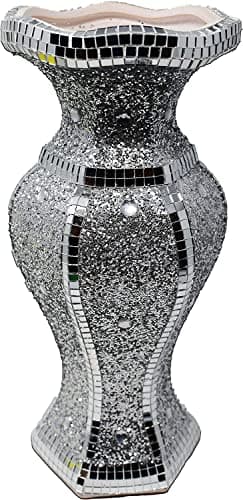 Image of Amazing Gift Large Silver Sparkle Flower Vase - Handcrafted Crushed Diamond Ceramic Sculpture for Glittering Mirrored Centerpieces - Stunning 30 cm Floral Display