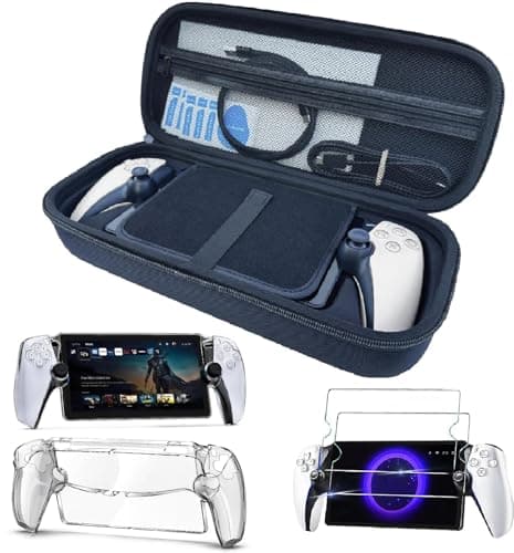 Image of 3 in 1 Accessories Set for PlayStation Portal - GAMSURFING Carrying Case for PS5 Portal and Hard PC Clear Cover Case with 2 Screen Protector Tempered Glasses,4 Thumb Grips,PS Portal Accessories Bundle
