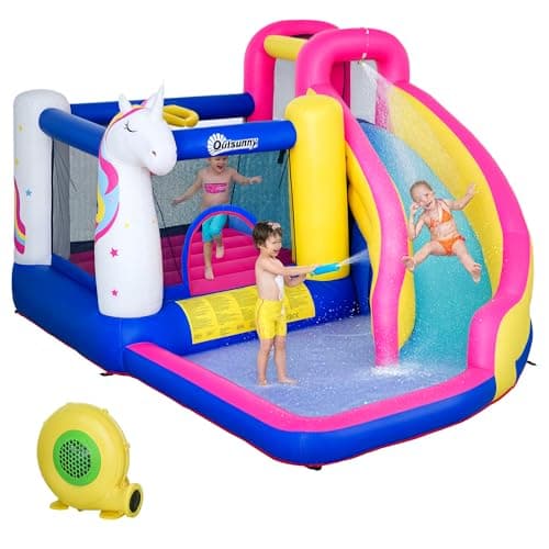 Image of Outsunny Bouncy Castle for Children, 5 in 1 Inflatable Bounce House Unicorn Design with Blower, Slide, Climbing Wall, Basketball Hoop, for Ages 3-8 Years