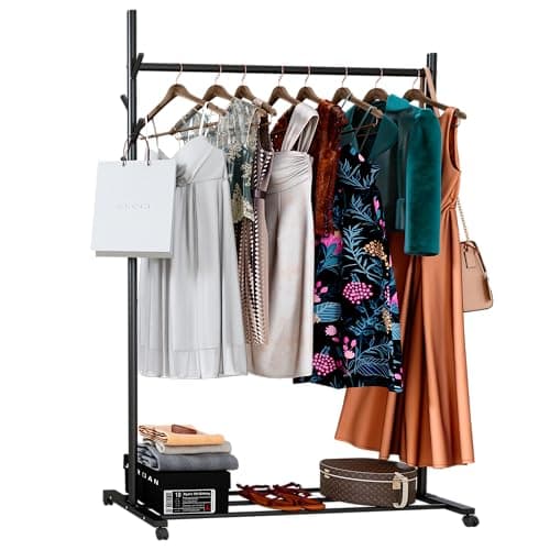 Image of Klass Home Collection Portable Heavy Duty Clothes Rail For Bedroom, Home & Shops, 50KG Load Clothes Rack With Storage Shelf, Metal Clothing Rail For Hanging Garments, Coats (Black With Wheels)