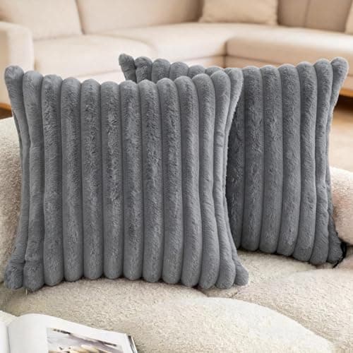 Image of MINWEGI Premium 45x45cm Cushion Covers Set of 2 - Double Sided Faux Rabbit Fur & Plush Velvet Pillow Cases, Anti-Fade Luxury Sofa Bed Throw Covers for Home Decor (Dark gray, 45 * 45CM)