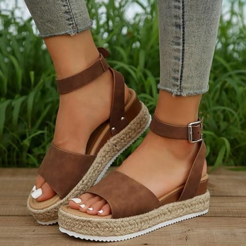 Image of Generic Women's Brown Platform Espadrille Wedge Sandals, Size 5 UK, Ankle Strap, Open Toe, Mid Heels, Flatform, Beach Shoes