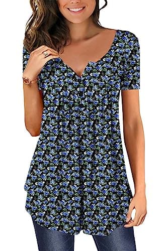 Image of Magritta Women Plus Size Tunic Tops Ladies Summer Shirts Short Sleeve V Neck Floral Printed Blouses Lace Ruffle Swing Tops for Leggings Little Blue 3X-Large