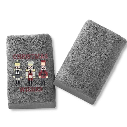 Image of Velosso Pack of 2 Christmas Hand Towels - Festive Embroidered & Plain Design, Soft & Absorbent Cotton, Perfect for Bathrooms or Kitchens, Durable & Machine Washable (Nutcracker Grey)