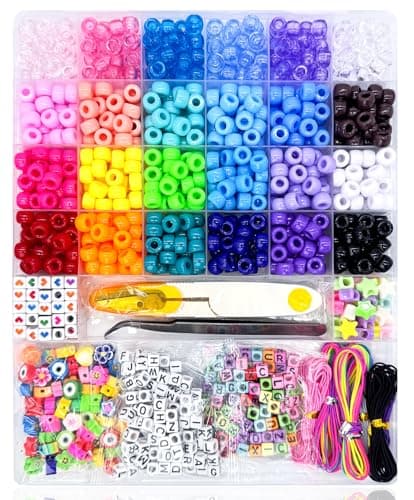 Image of 900 Pony Beads, 200 Letter Beads Jewelry, 60 Colorful Clay Bead, Kandi Bracelet Making Kit for Girls, 30 M Elastic Rope, Scissors Tweezers, DIY Crafts Necklace Make Party Gifts