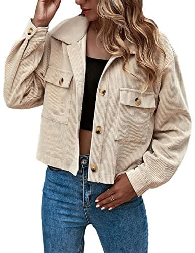 Image of Bozanly Women's Fall Fashion Cropped Button Up Corduroy Shirt Jackets Shacket, Apricot, Small
