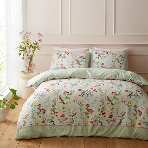 Image of Catherine Lansfield RHS x Birds In Bloom So Soft King Duvet Cover Set with Pillowcases Green