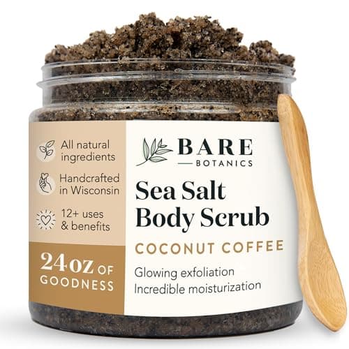 Image of Bare Botanics Coconut Coffee Body Scrub 24oz | Made in USA | All Natural Sea Salt Scrub w/Skin Loving Moisturizers | Vegan & Cruelty Free | Ready to Gift w/a Cute Wooden Spoon