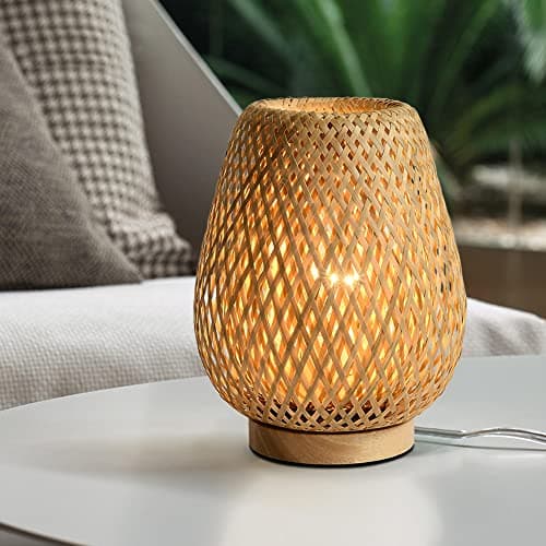 Image of HUAMI Bedside Table Lamp with Double Layer Bamboo Lampshade Wooden Base Bedroom Lamp Handmade Decorative Night Light for Wedding Party Indoor Bedroom Dining Room Outdoor Gift Garden Balcony